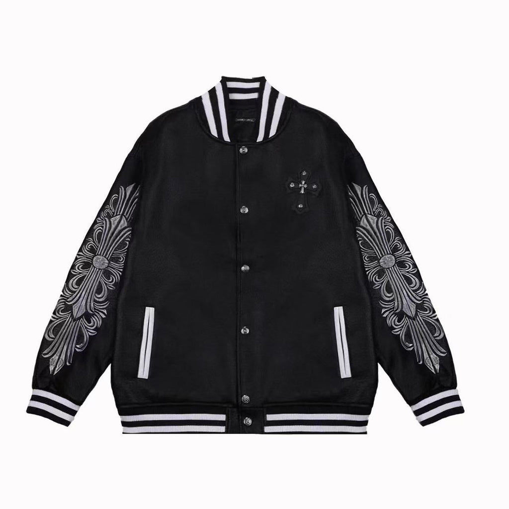 Chrome-Hearts Embroidered Sleeve Varsity Jacket - Black Streetwear Coat 5577